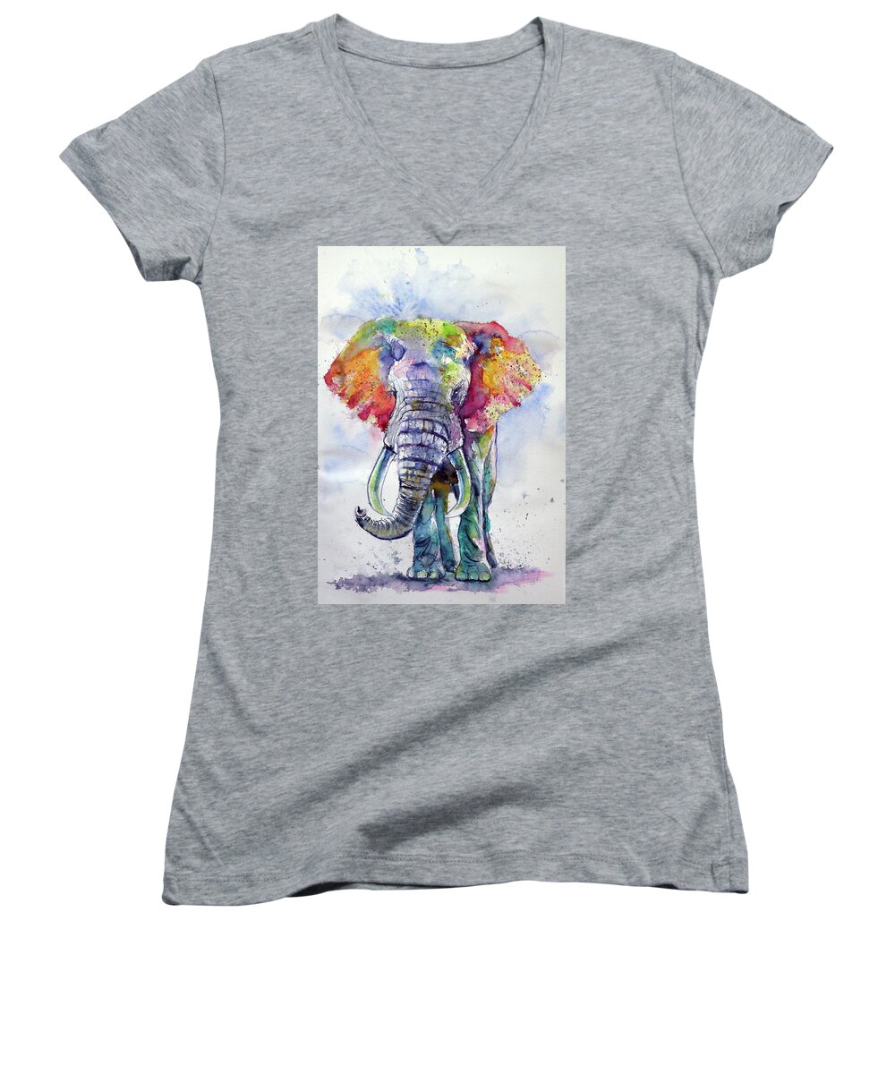 Elephant Women's V-Neck featuring the painting Colorful elephant #7 by Kovacs Anna Brigitta
