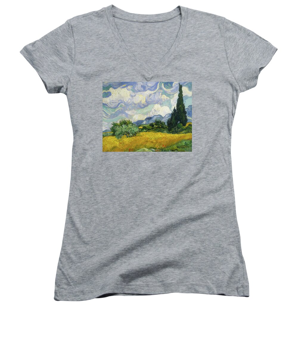 Painting Women's V-Neck featuring the painting Wheat Field With Cypresses #9 by Mountain Dreams