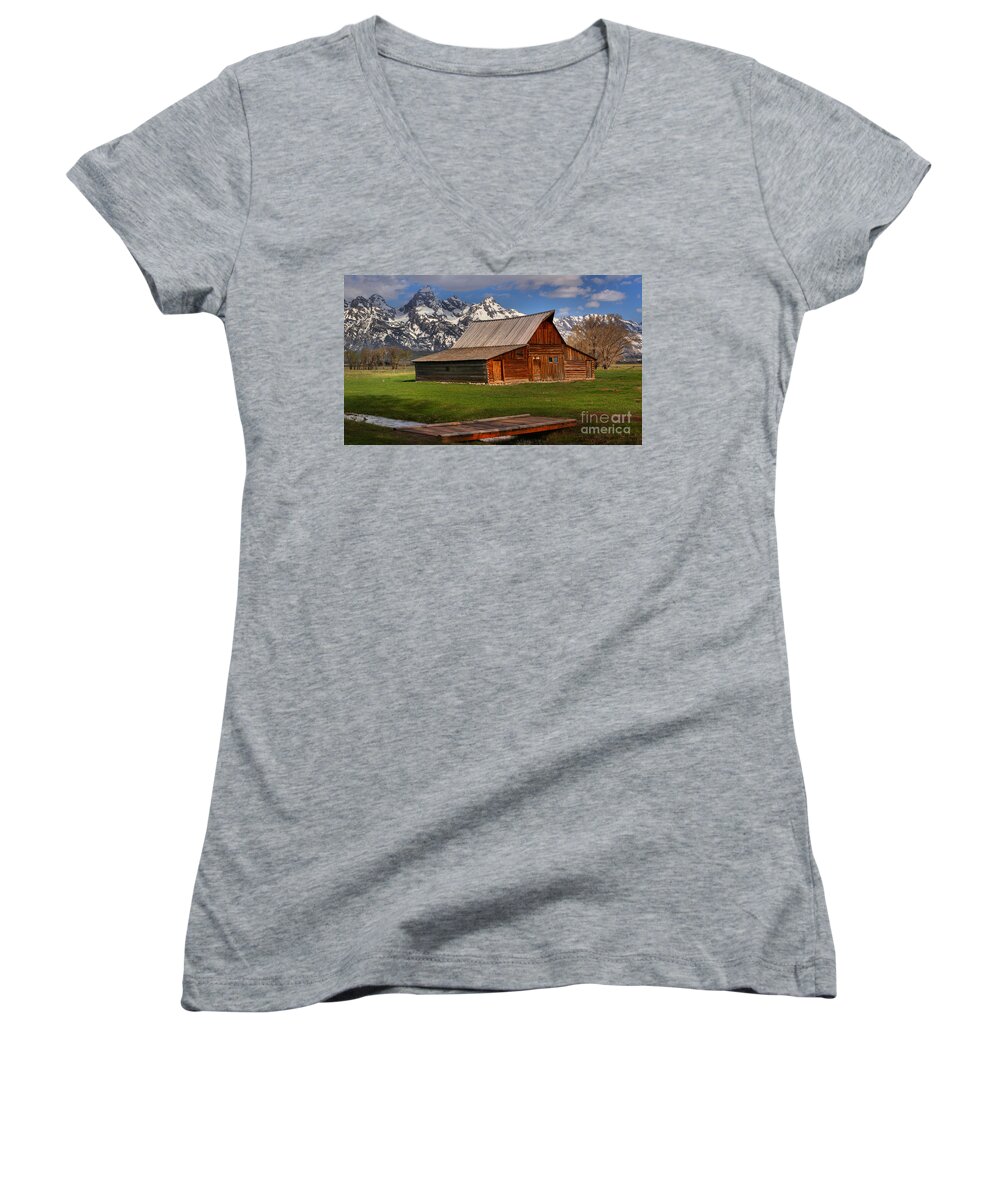 Moulton Barn Women's V-Neck featuring the photograph A Barn In The Tetons by Adam Jewell