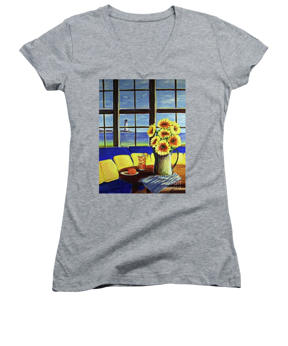 Beaches Women's V-Neck featuring the painting A Coastal Window Lighthouse View by Pat Davidson