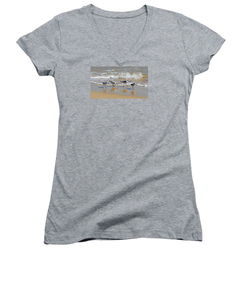 Sandpiper Women's V-Neck featuring the photograph A Cute Quartet of Sandpipers by Carla Parris