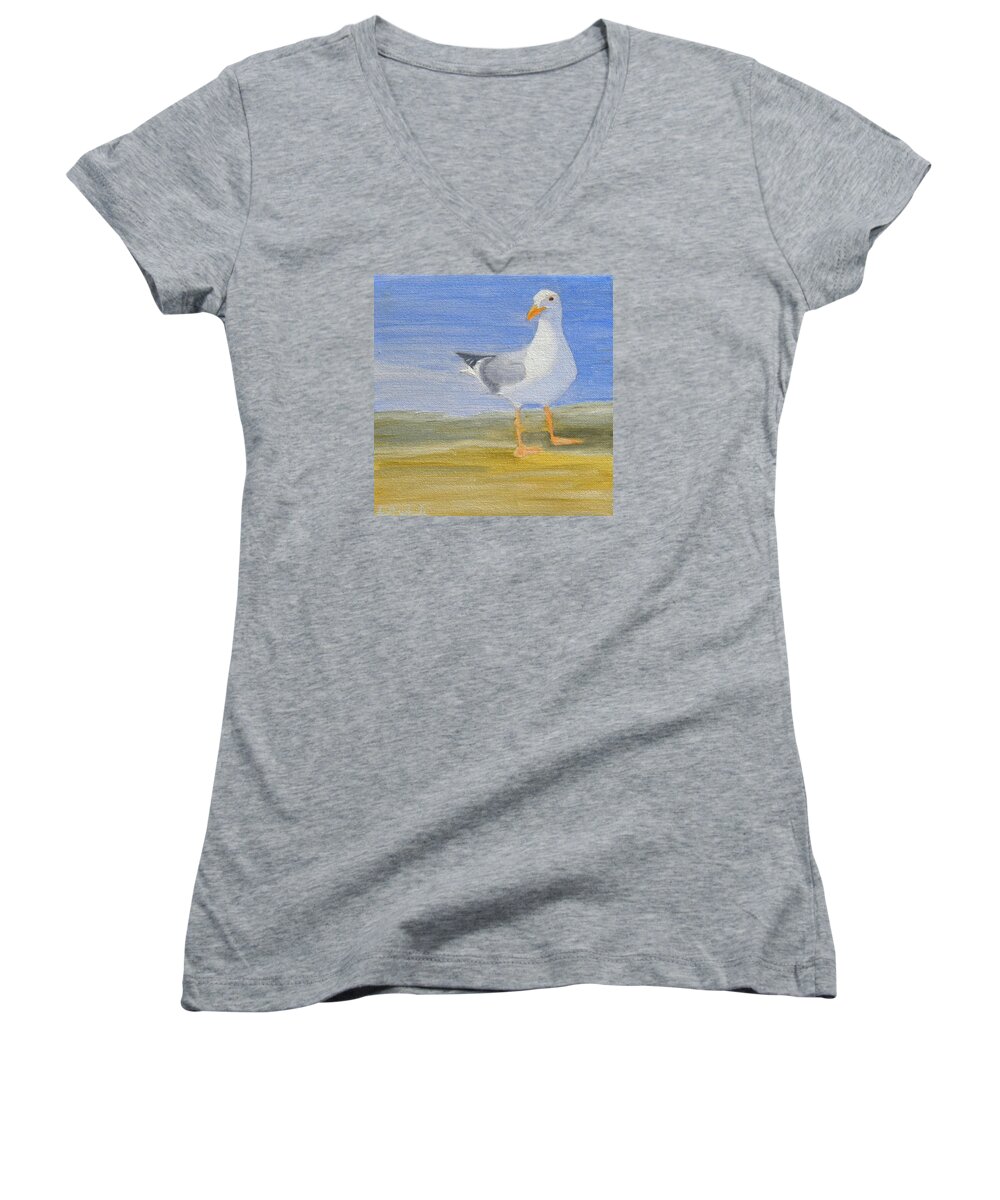 Bird Seagull Ocean Beach Women's V-Neck featuring the painting A Day At The Beach by Scott W White
