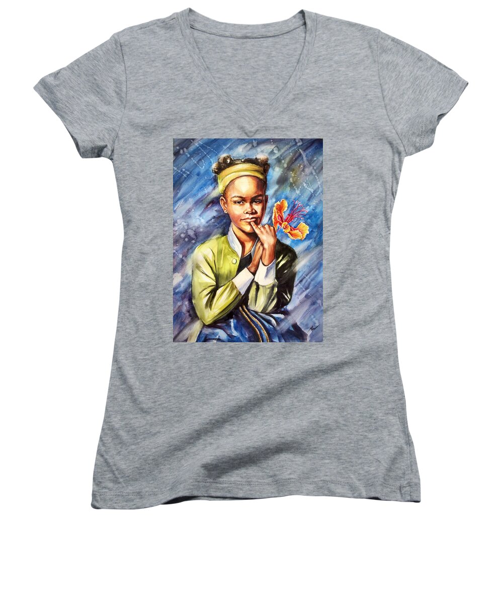 A Girl Women's V-Neck featuring the painting A girl with yellow poinciana by Katerina Kovatcheva