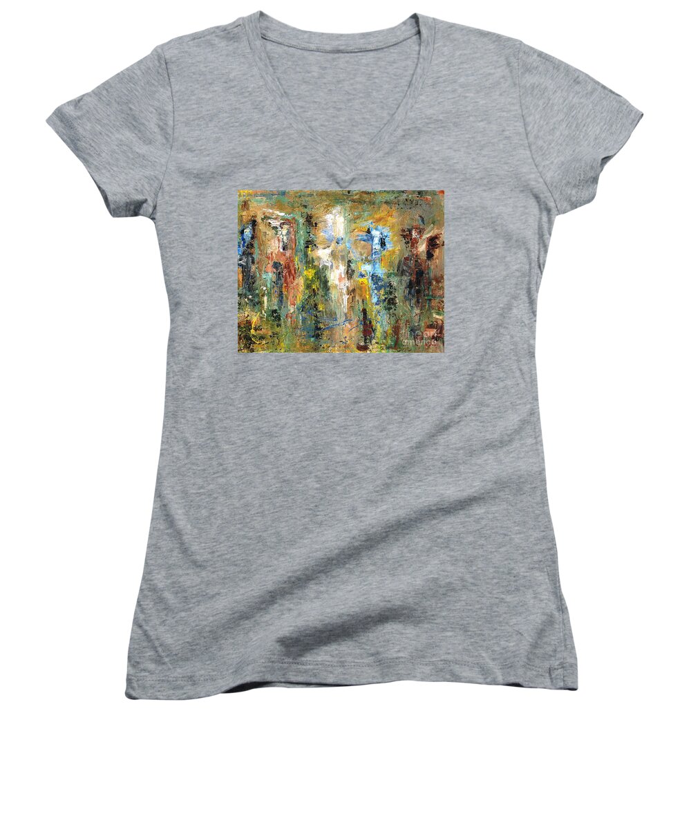 Horses Women's V-Neck featuring the painting A Herd of Five by Frances Marino
