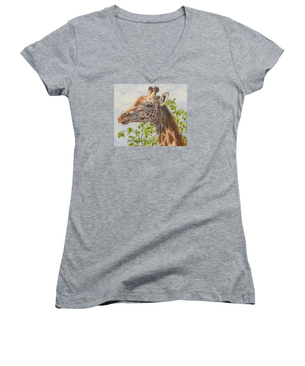 Giraffe Women's V-Neck featuring the painting A Higher Point of View by Denise Horne-Kaplan
