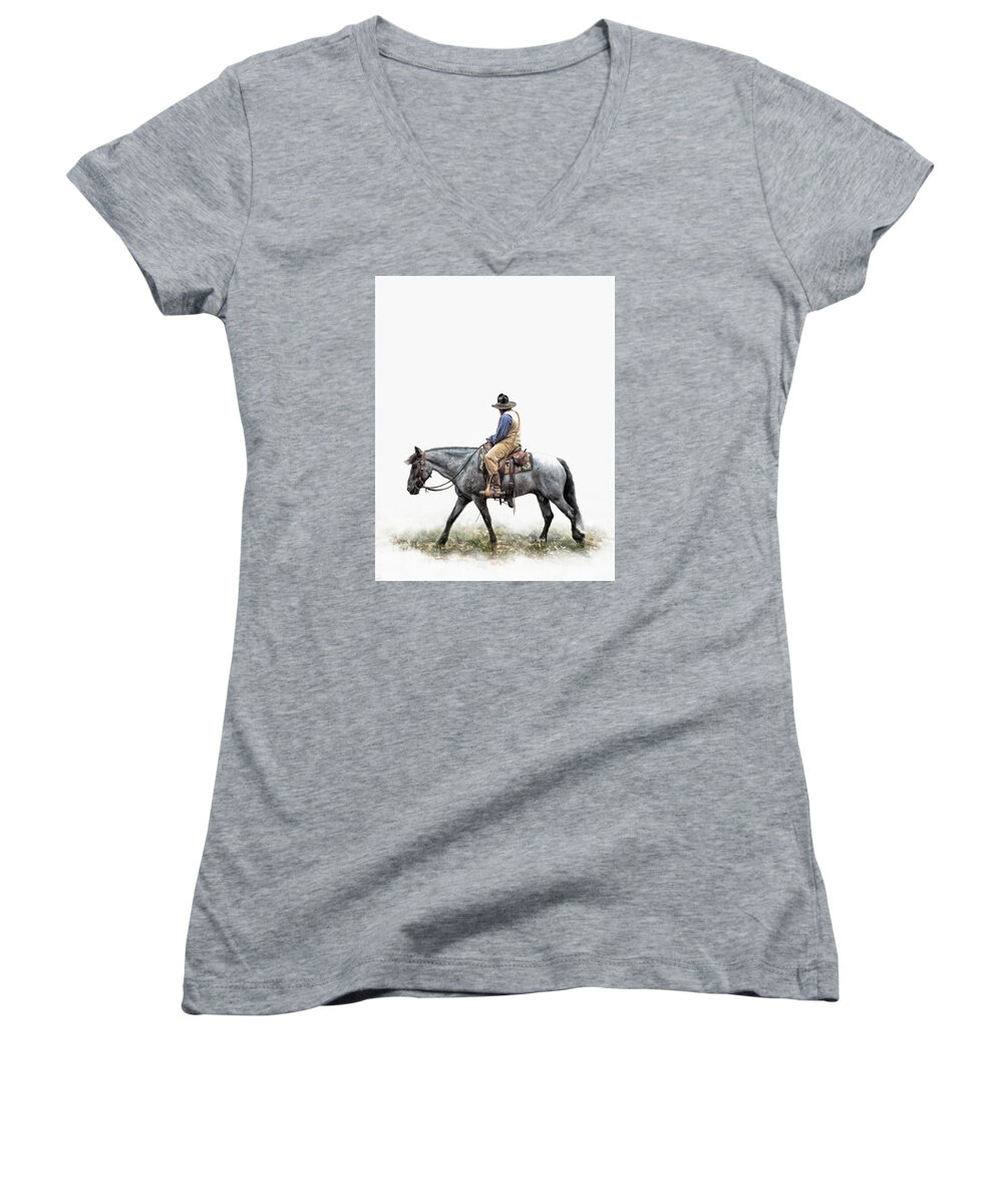 American West Women's V-Neck featuring the photograph A Long Day on the Trail by David and Carol Kelly