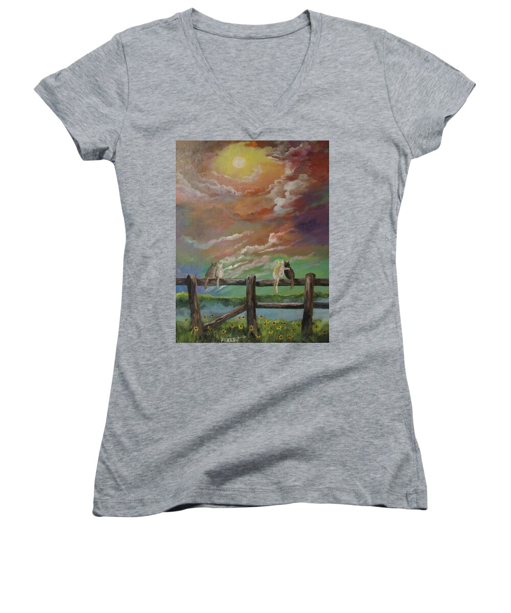 Kitties Under The Full Moon Women's V-Neck featuring the painting A Springtime Lovers Moon by Dave Farrow