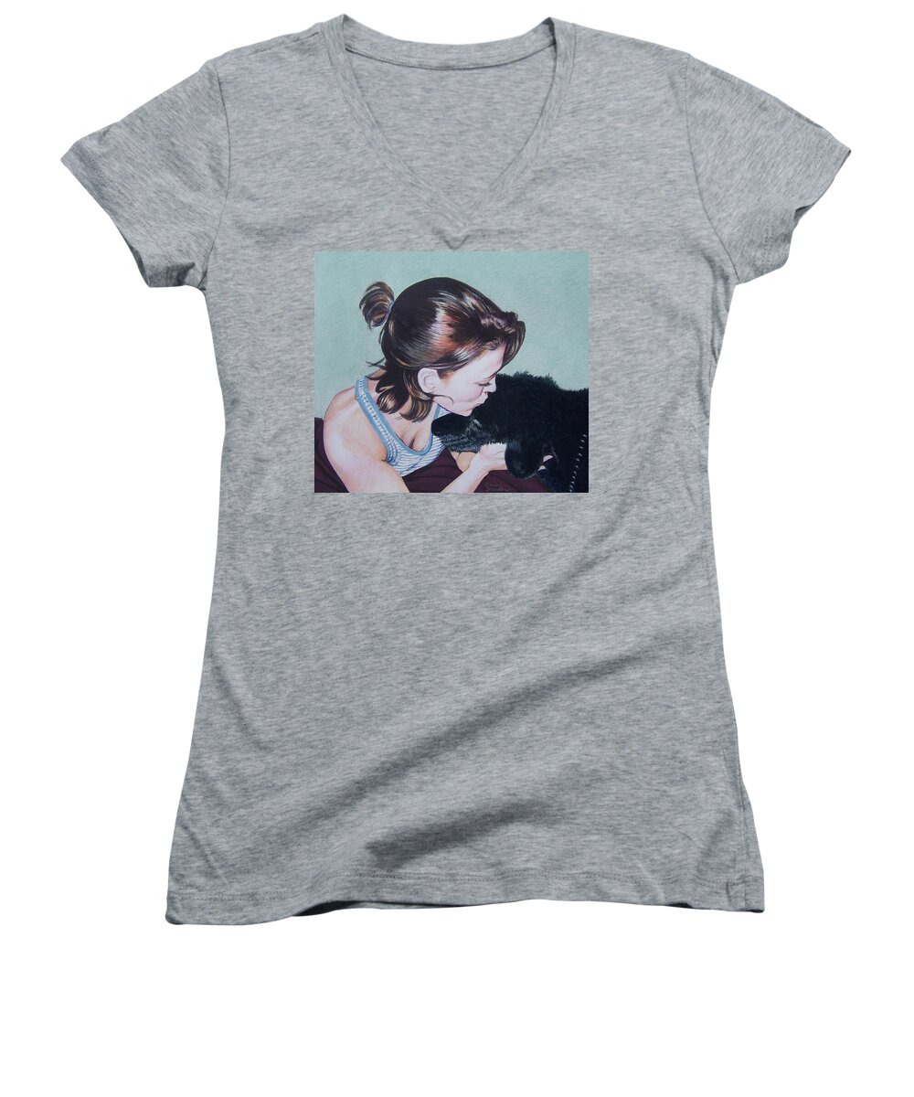 Girl Women's V-Neck featuring the mixed media A Pooch Smooch for Leslie by Constance Drescher