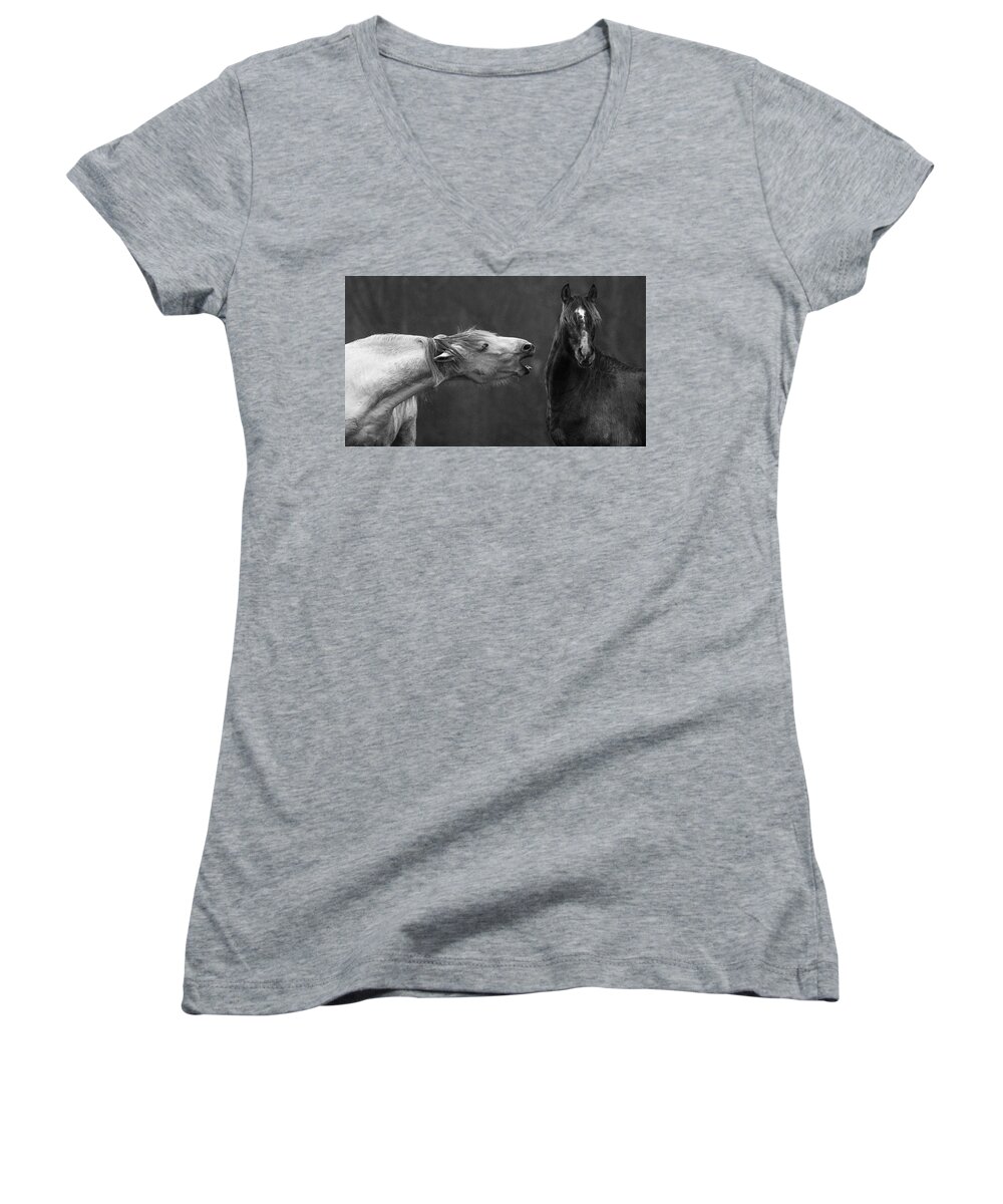 Horses Women's V-Neck featuring the photograph A Scolding by Art Cole