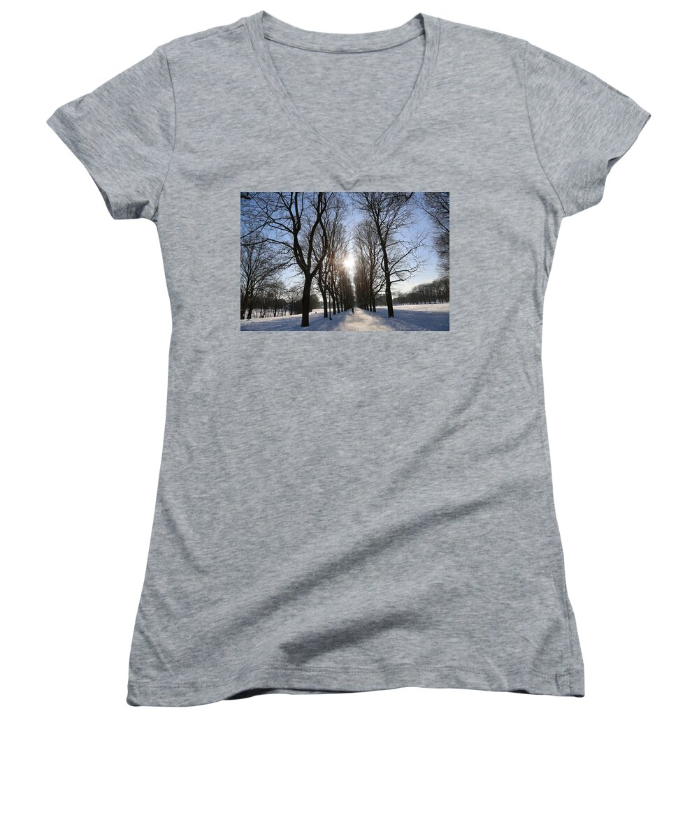 Trees Park Snow Winter Blue Sky Landscape Photo Oslo Norway Scandinavia Europe Outdoors People Women's V-Neck featuring the digital art A Sunny Day by Jeanette Rode Dybdahl