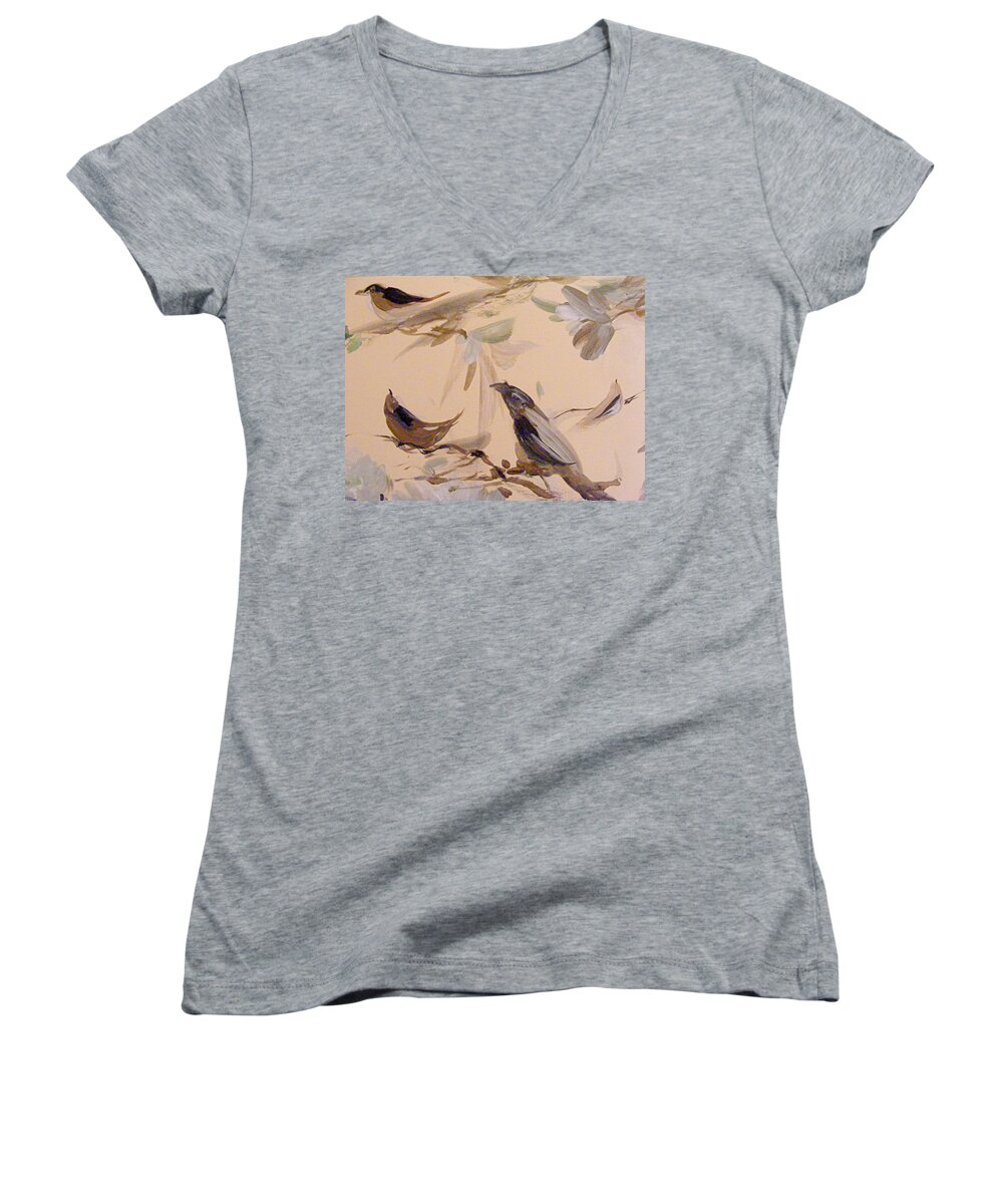 Chinese Brush Painting In Gouache Women's V-Neck featuring the painting A Trio of Song by Nancy Kane Chapman