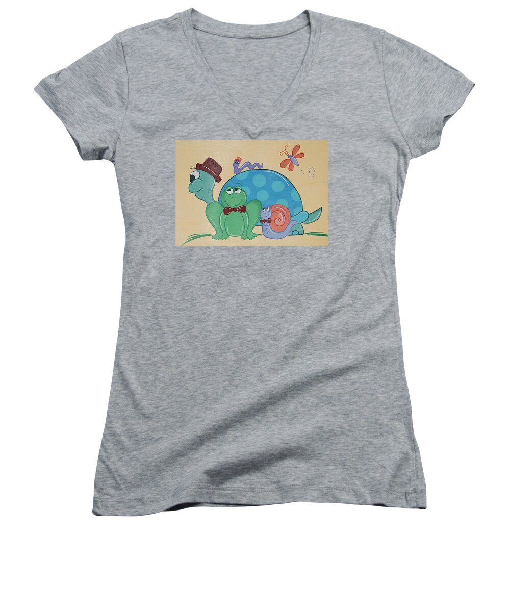 Turtle Women's V-Neck featuring the painting A Turtles Friends by Valerie Carpenter