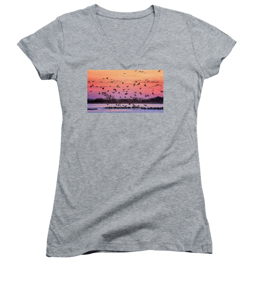 Sandhill Cranes Women's V-Neck featuring the photograph A Vibrant Evening by Susan Rissi Tregoning