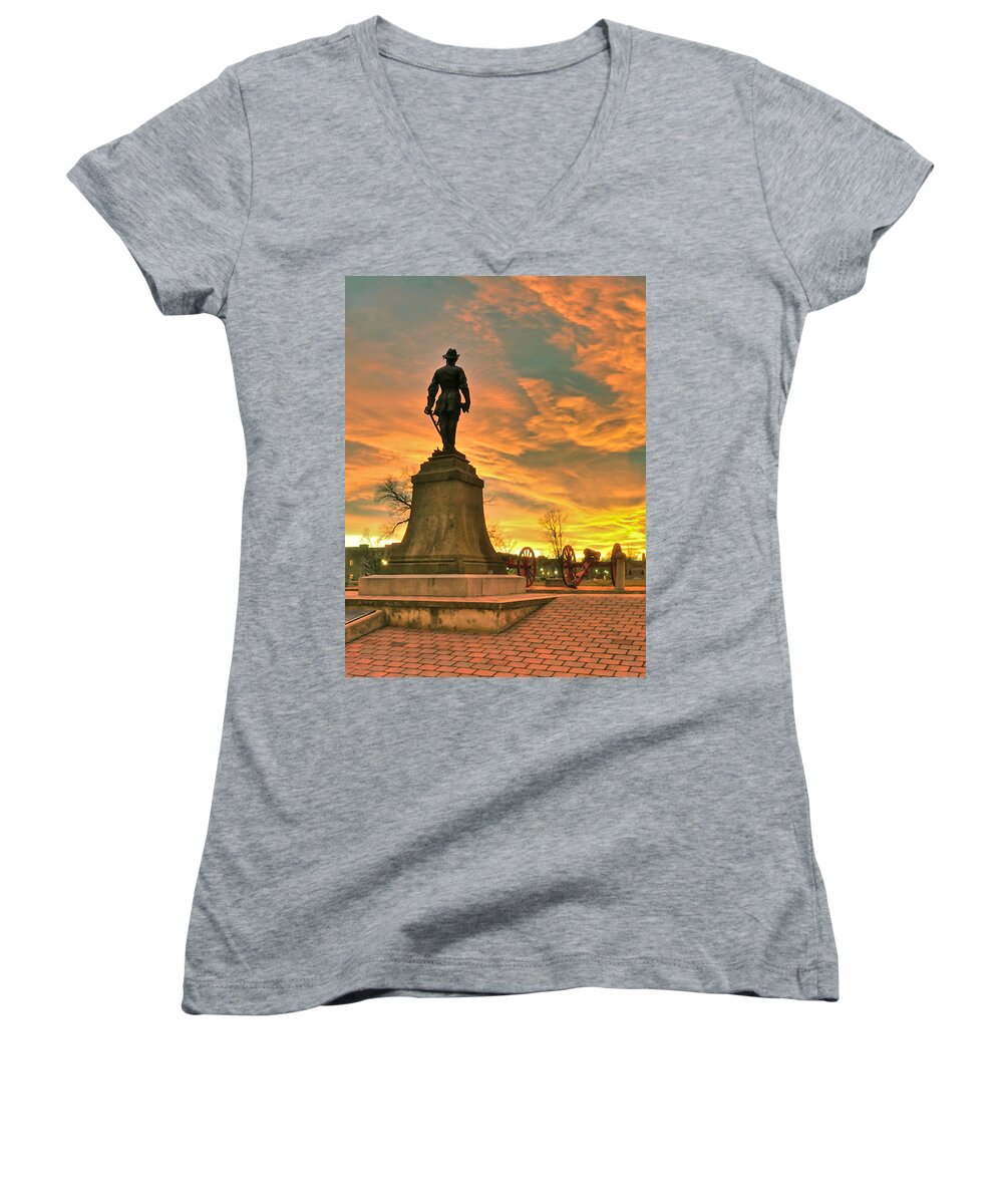 Virginia Military Institute Women's V-Neck featuring the photograph A VMI Sunset by Don Mercer