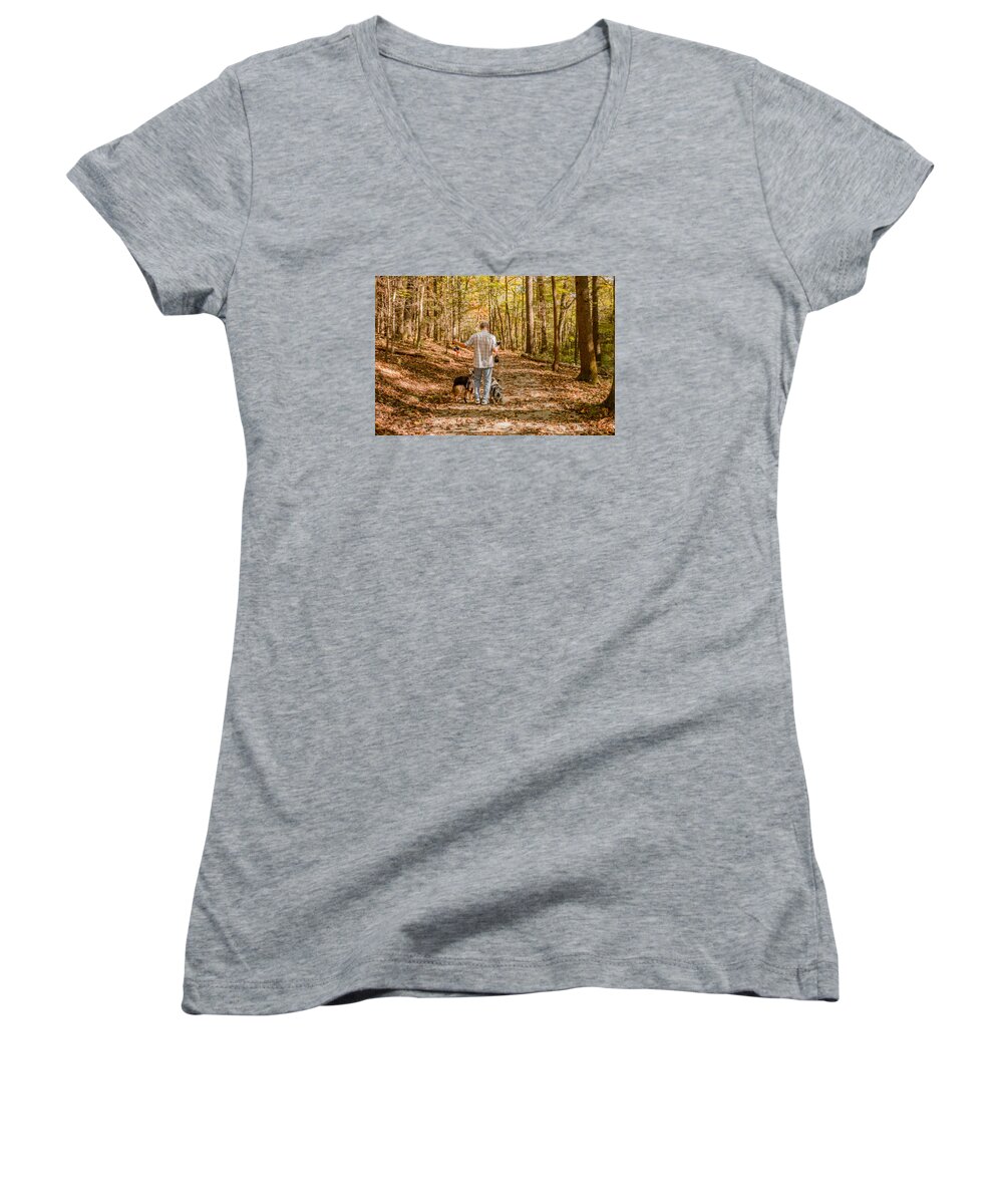 Hiking Women's V-Neck featuring the photograph A Walk in the Woods by Cathy Donohoue