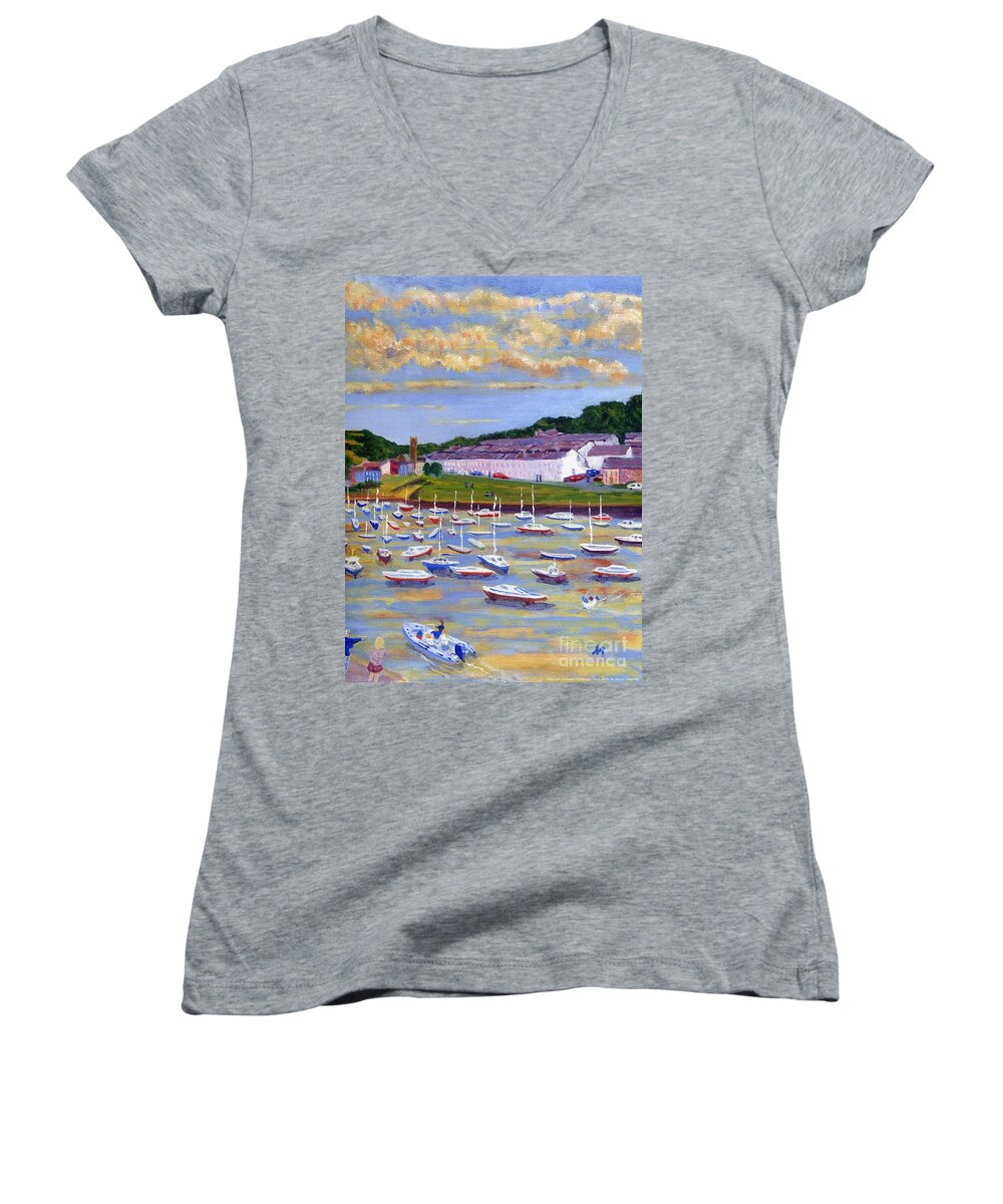 Aberaeron Harbour Boat Moorings Women's V-Neck featuring the painting Aberaeron Harbour Boat Moorings View Painting by Edward McNaught-Davis
