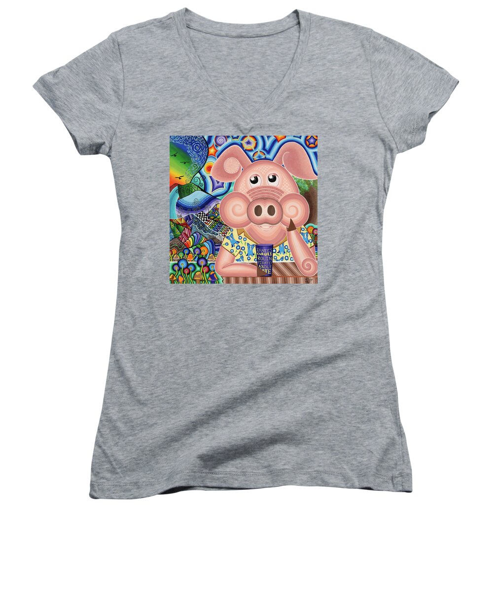 Pig Women's V-Neck featuring the painting Abner by Nicole Dumond-Barry