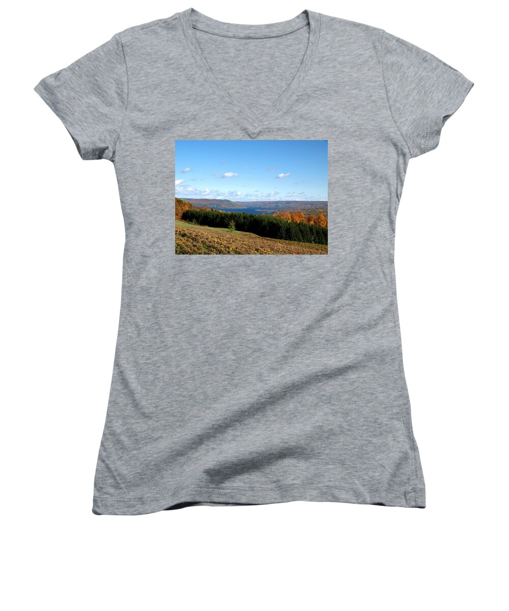 Keuka Lake Women's V-Neck featuring the photograph Above the Vines by Joshua House