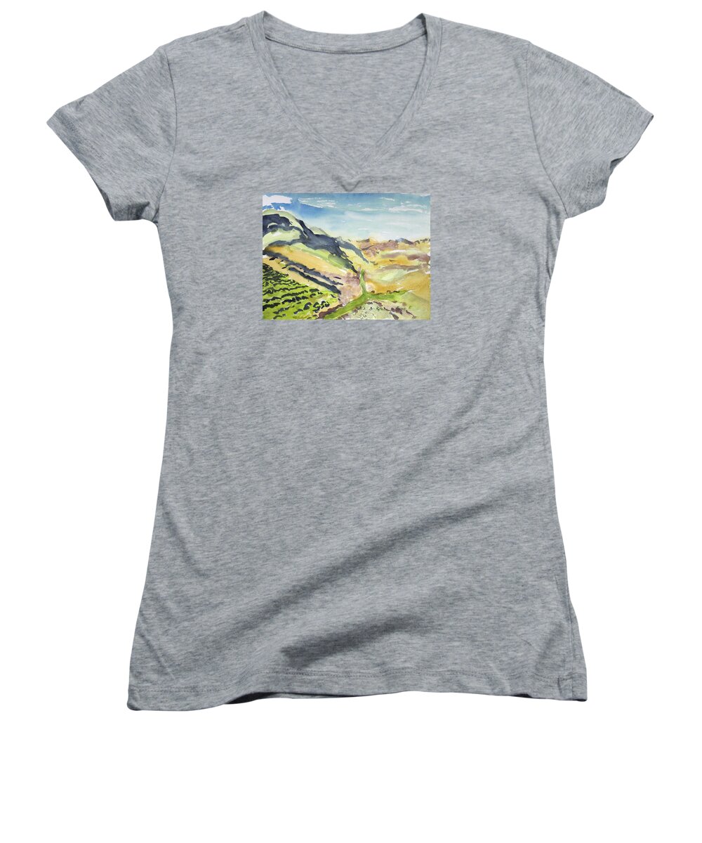  Women's V-Neck featuring the painting Abstract Hillside by Kathleen Barnes