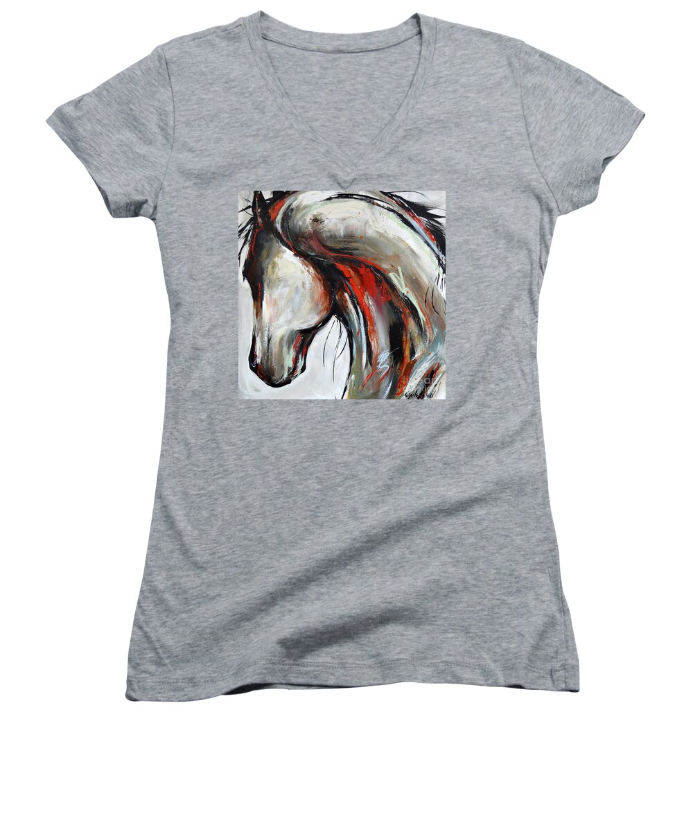Horse Women's V-Neck featuring the painting Abstract Horse 21 by Cher Devereaux