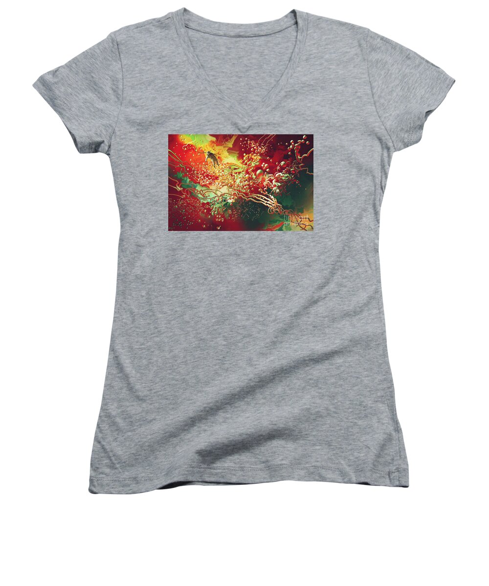 Art Women's V-Neck featuring the painting Abstract Space by Tithi Luadthong