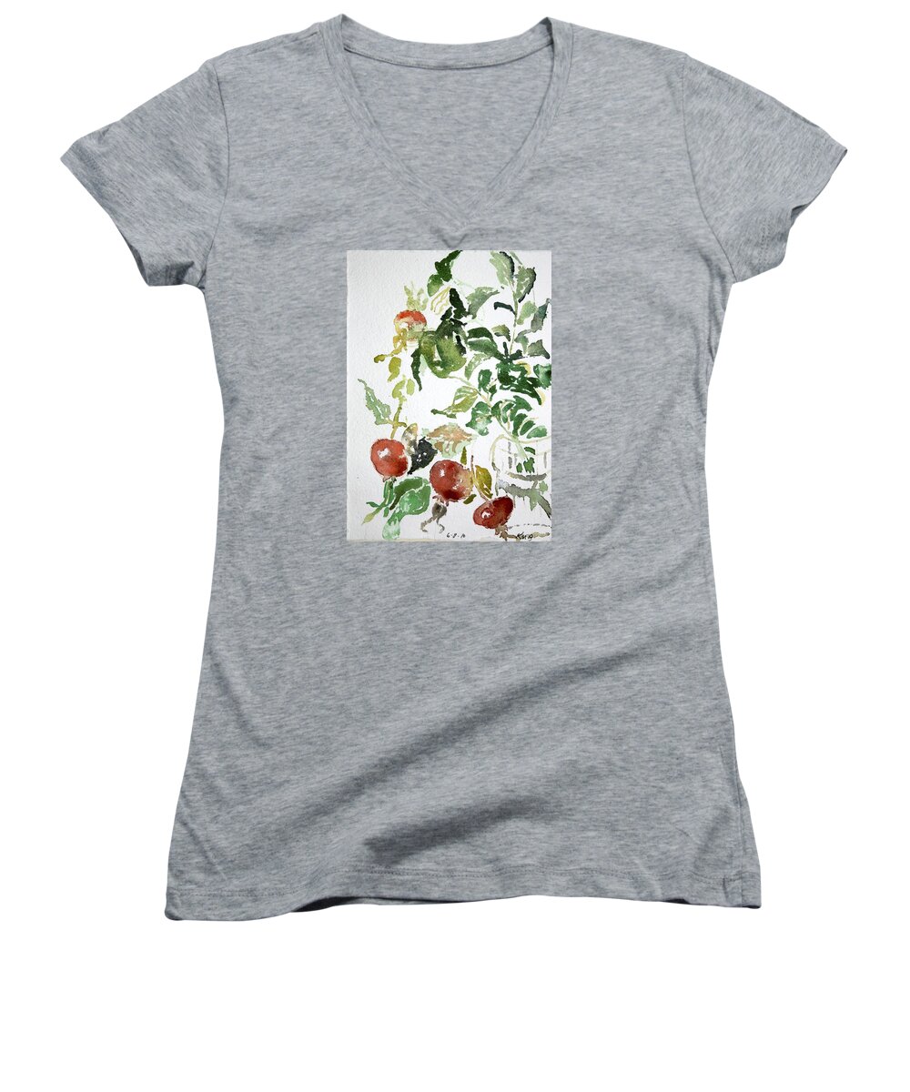  Women's V-Neck featuring the painting Abstract Vegetables by Kathleen Barnes
