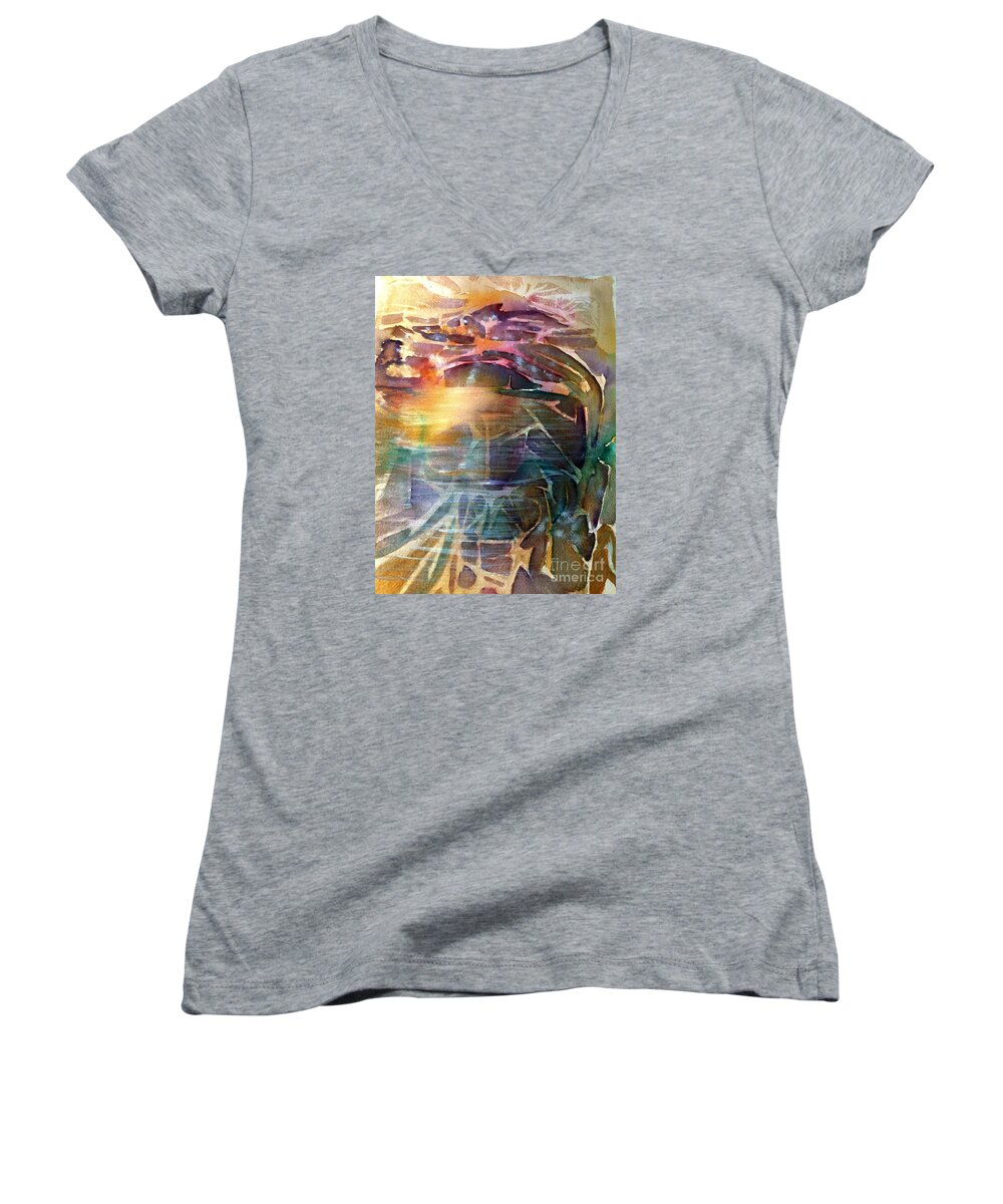 Abstract Watercolor Using The Saran Wrap Technique. Women's V-Neck featuring the painting Cavern Travel by Allison Ashton
