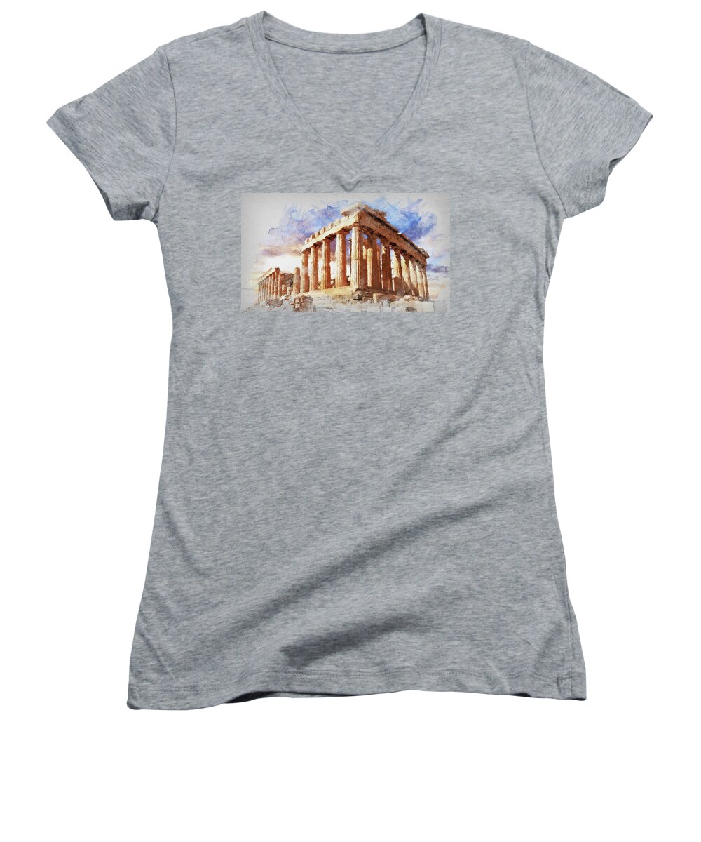 Acropolis Of Athens Women's V-Neck featuring the painting Acropolis of Athens - 04 by AM FineArtPrints