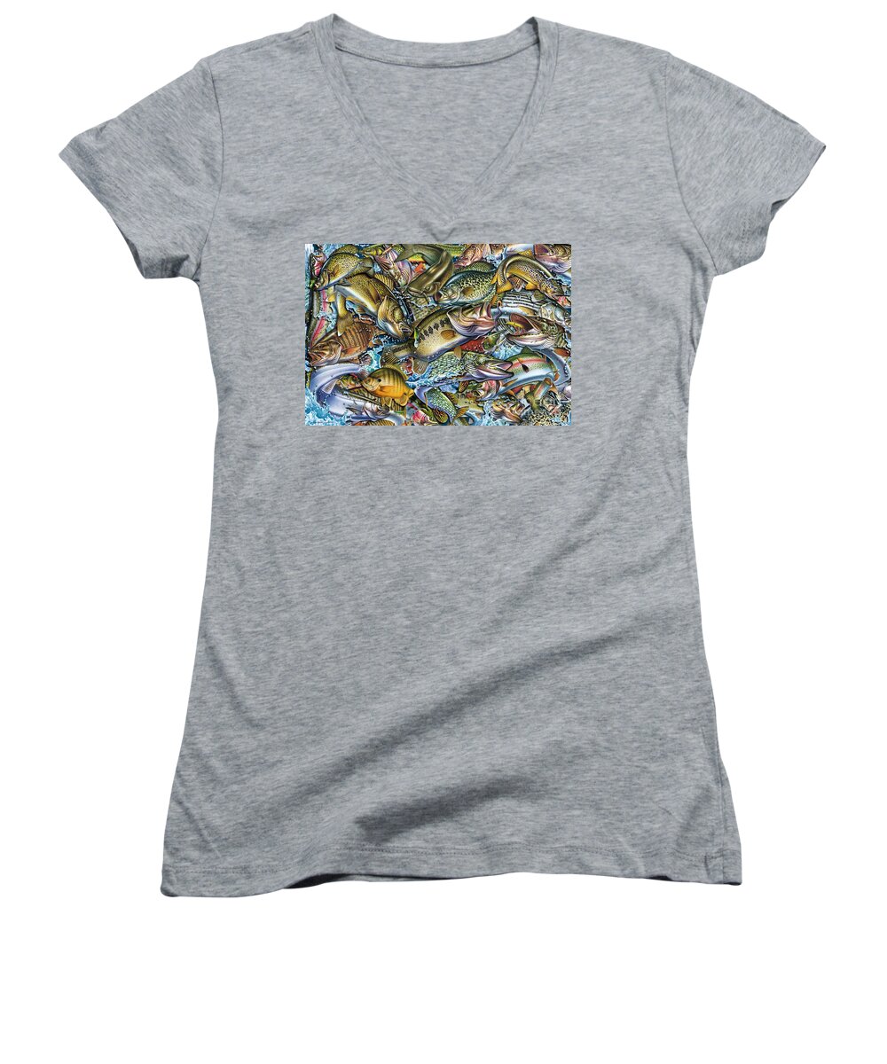 Jon Q Wright Women's V-Neck featuring the painting Action Fish Collage by JQ Licensing