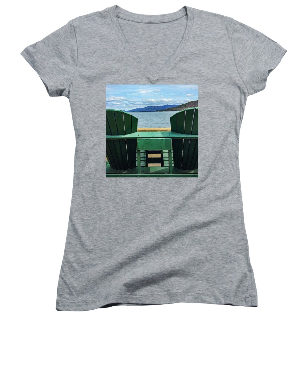  Women's V-Neck featuring the photograph Adirondack Chair for Two by Kendall McKernon