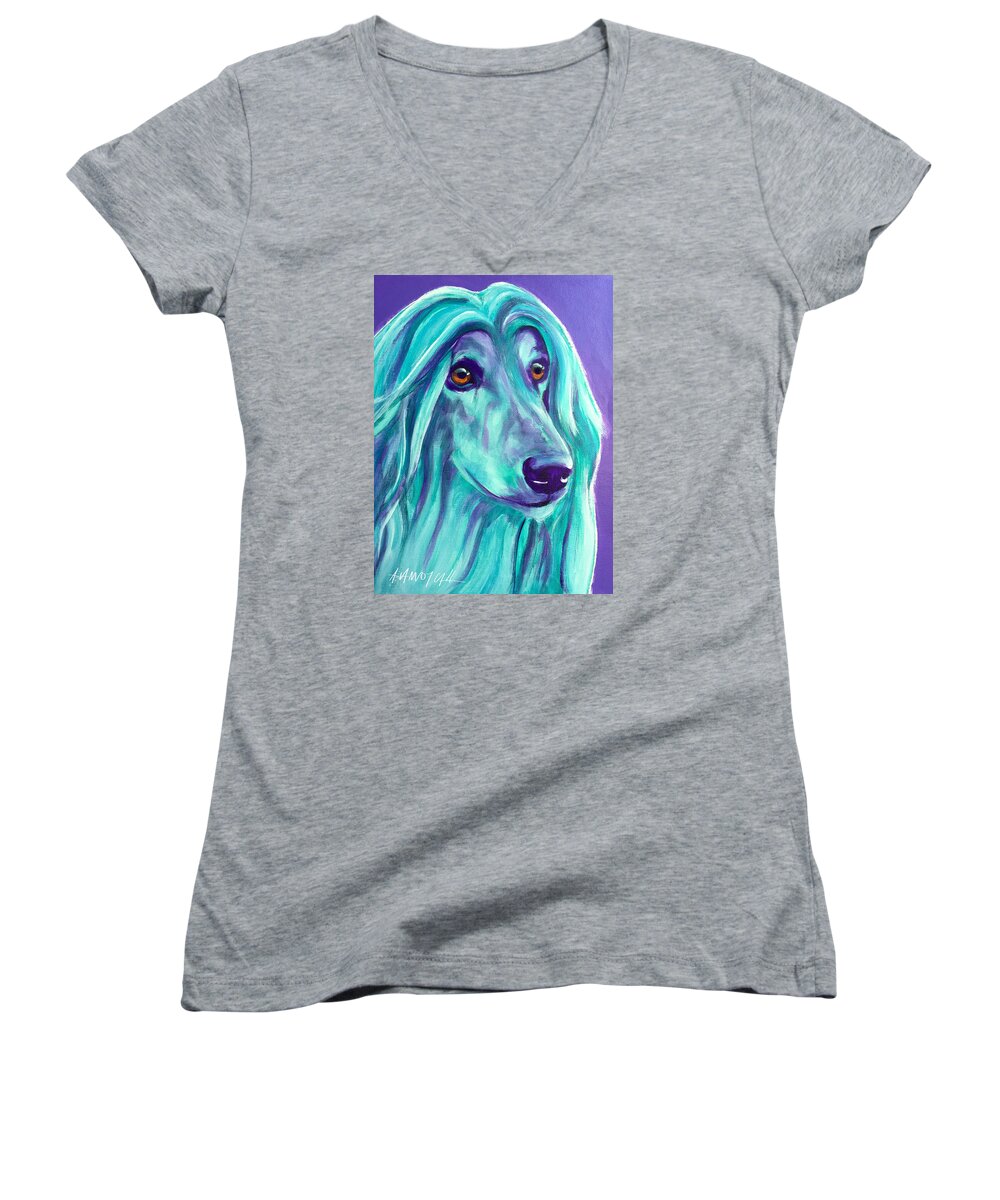 Afghan Hound Women's V-Neck featuring the painting Afghan Hound - Aqua by Dawg Painter