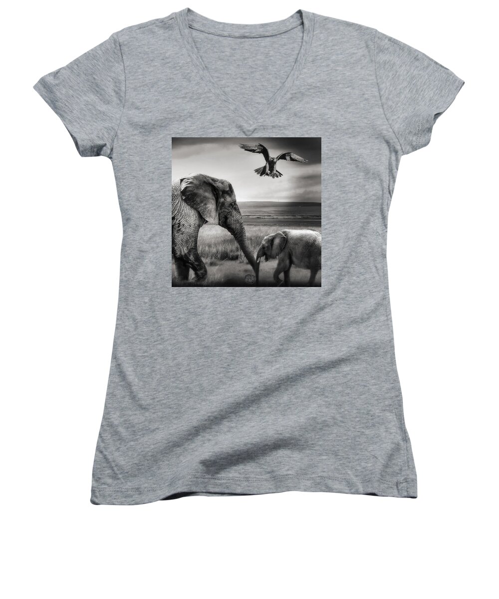 Baby Elephant Women's V-Neck featuring the photograph African Playground by Christine Sponchia