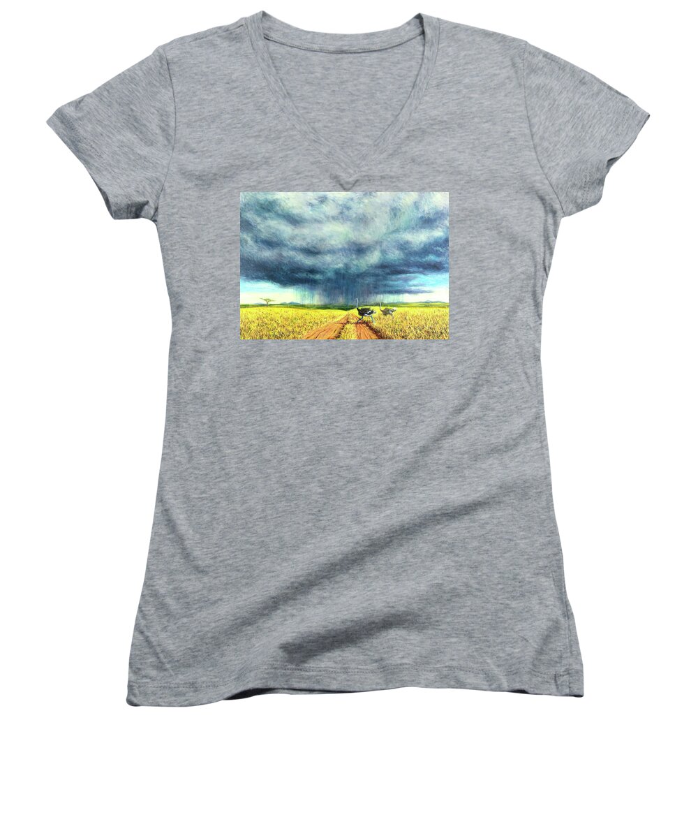 African Storm Women's V-Neck featuring the painting African Storm by Tilly Willis