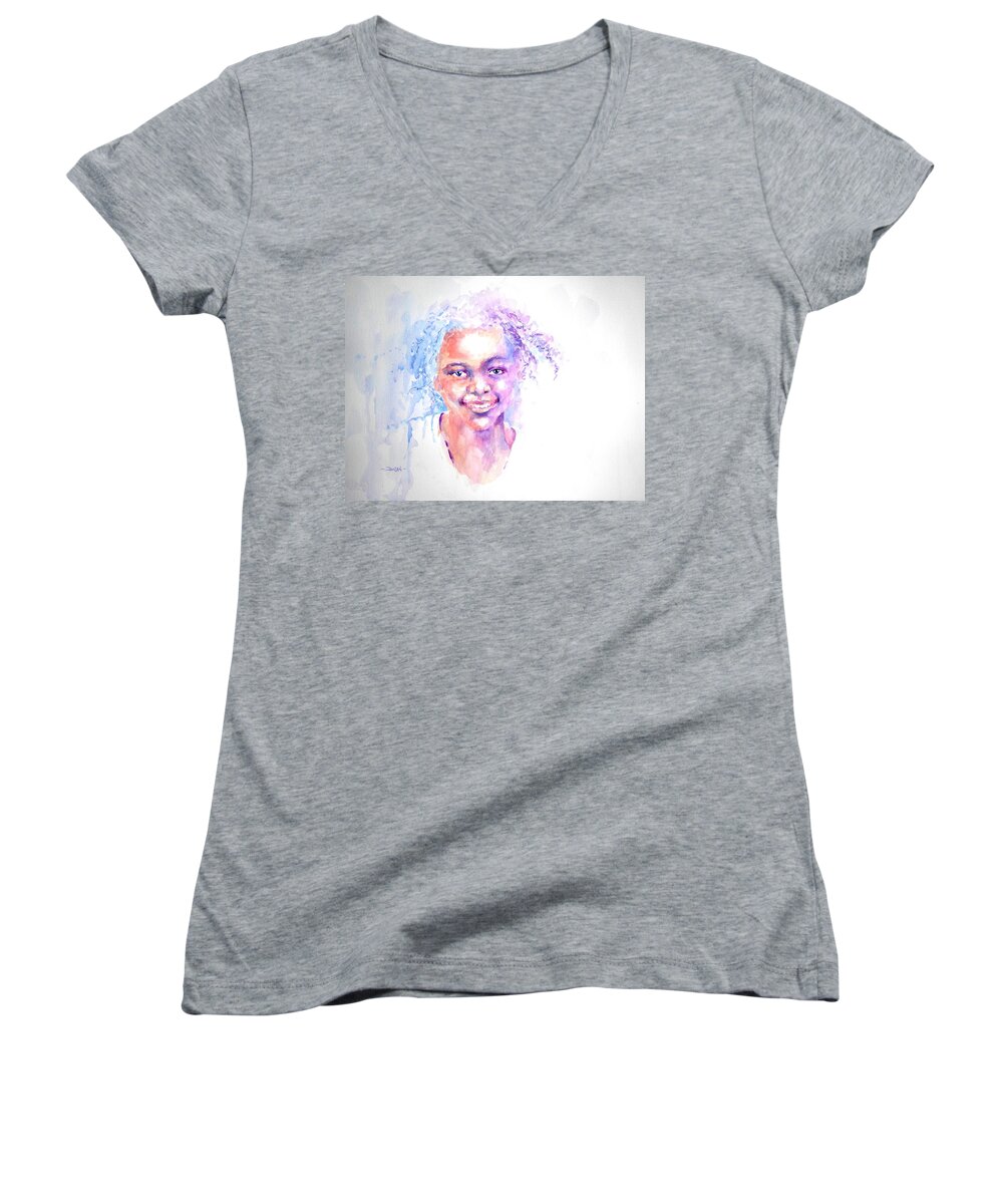 Watercolor Women's V-Neck featuring the painting Africani Girl by Pat Dolan