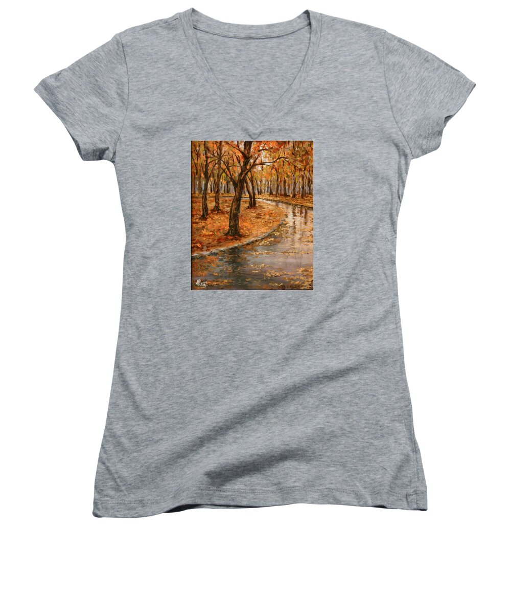 Rain Women's V-Neck featuring the painting After rain,walk in the Central Park by Vali Irina Ciobanu