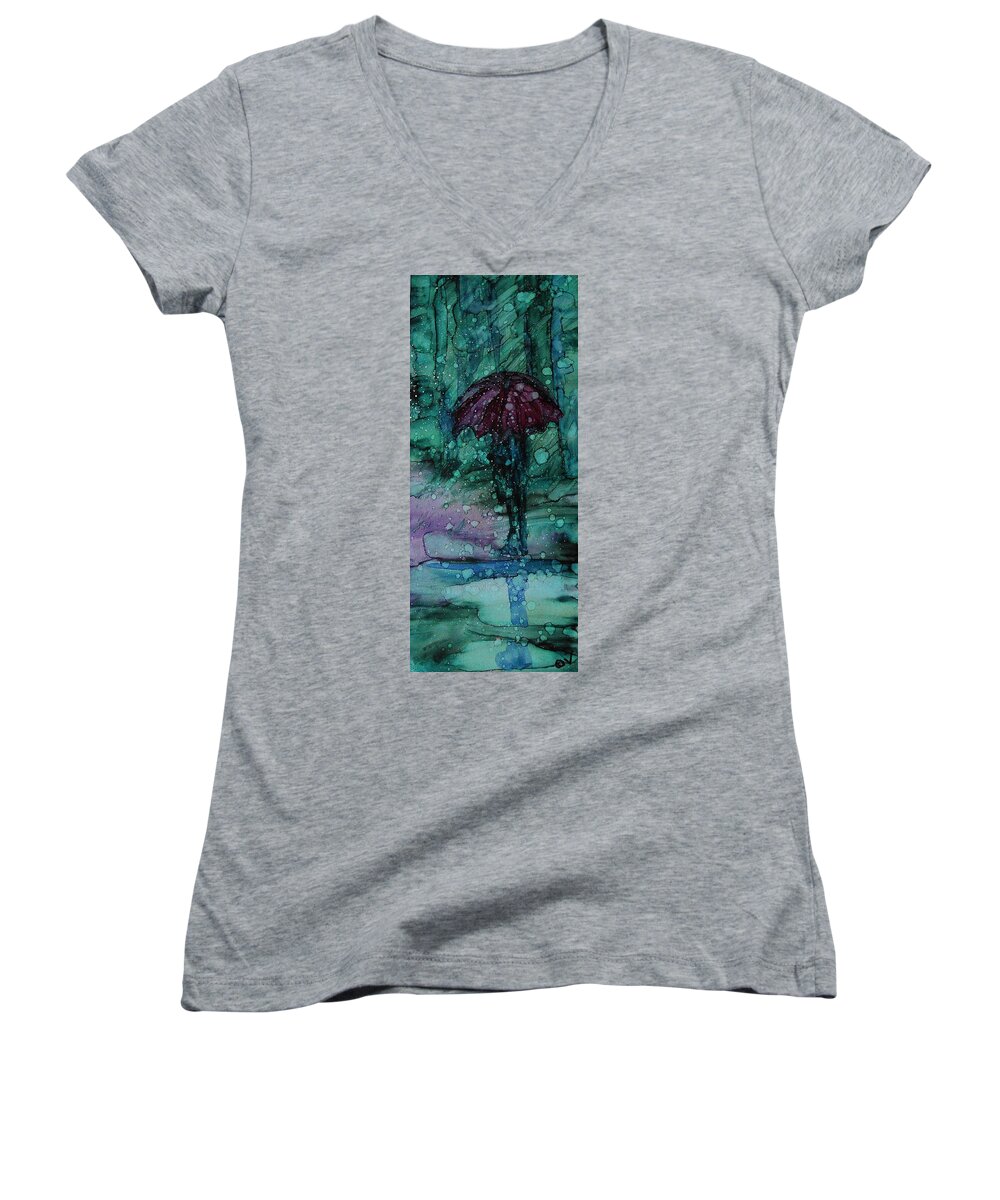 Alcohol Ink Women's V-Neck featuring the painting Puddles - A 224 by Catherine Van Der Woerd