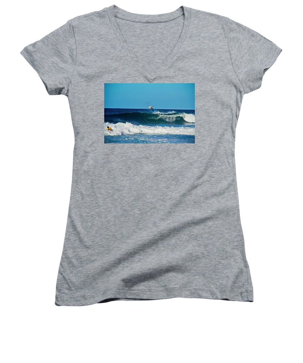 Surfing Women's V-Neck featuring the photograph Air bourne by Stuart Manning
