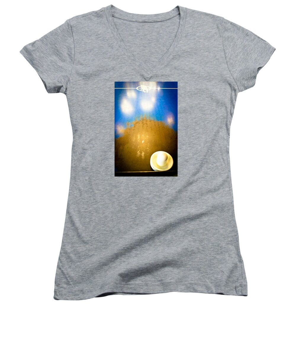 Air Hockey Women's V-Neck featuring the photograph Air Hockey - Vintage Blue Top by Colleen Kammerer