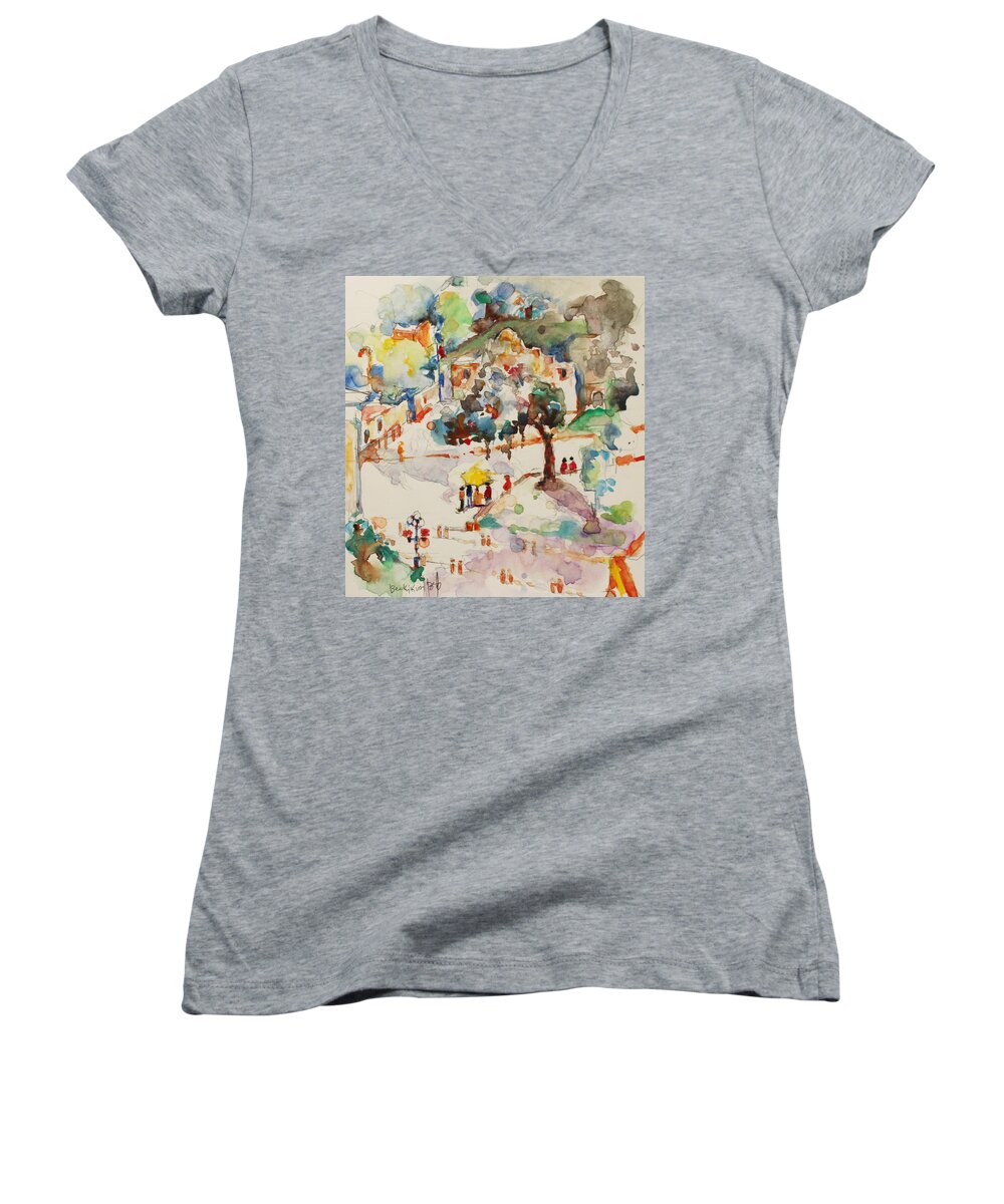 Watercolor Women's V-Neck featuring the painting Alamo from hotel Window by Becky Kim