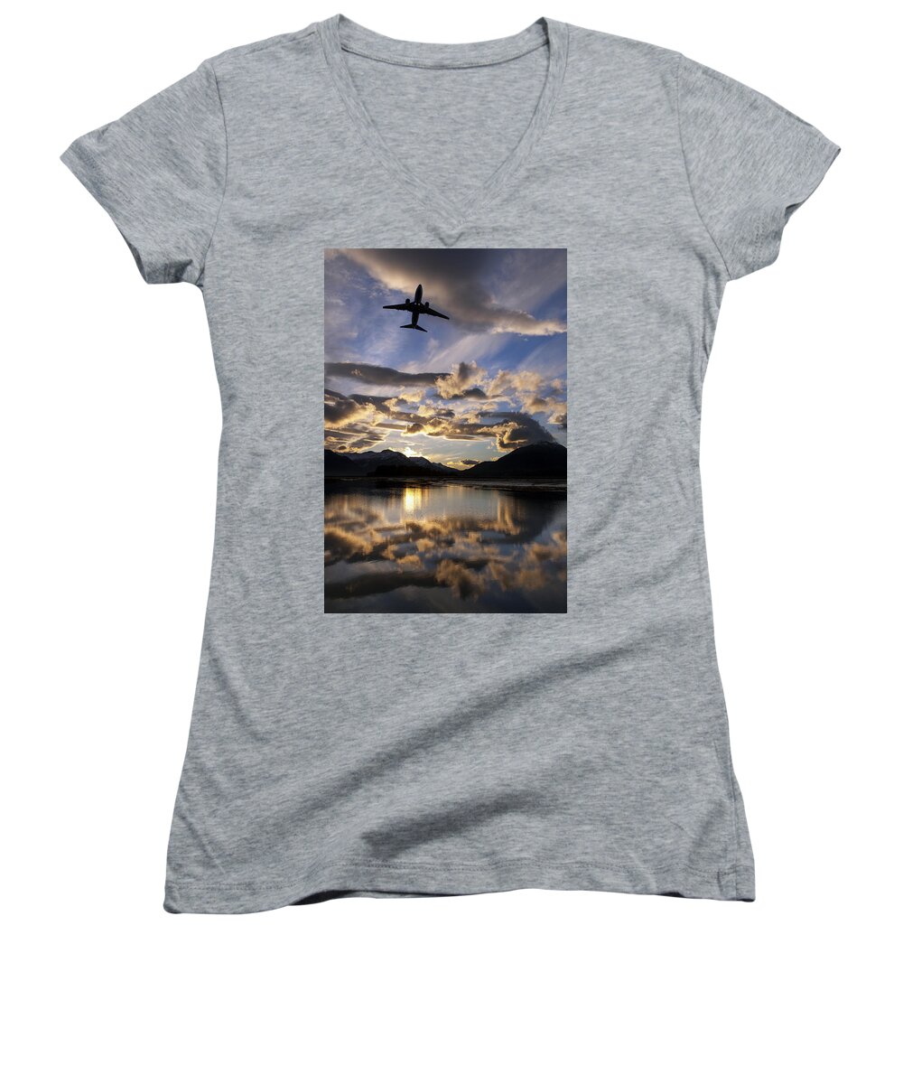 Hyde Women's V-Neck featuring the photograph Alaska Airlines Jet Takes by John Hyde
