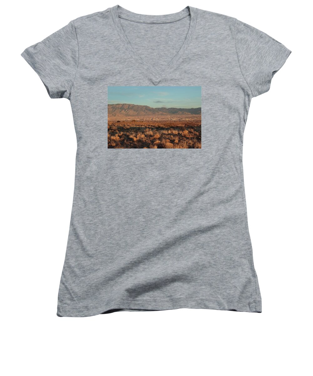 Sunset Women's V-Neck featuring the photograph Albuquerque and the Sandias at Sundown by David Diaz