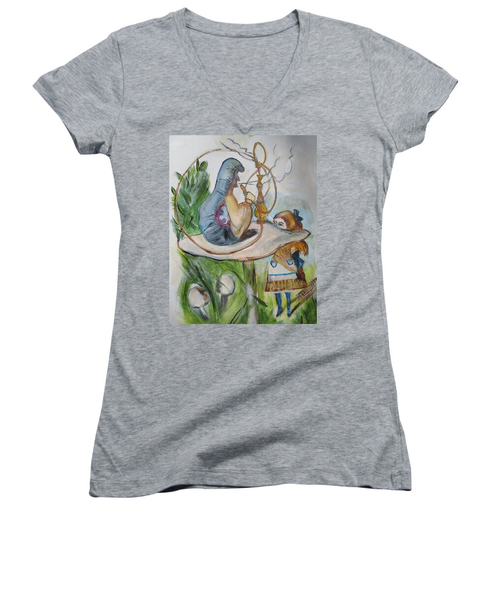 Alice In Wonderland Women's V-Neck featuring the painting Alice and the Caterpillar by Denice Palanuk Wilson