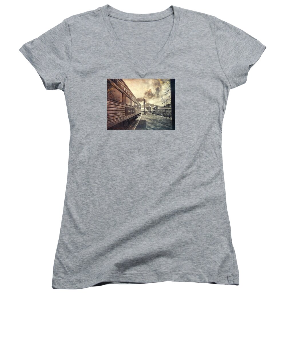 Train Women's V-Neck featuring the photograph All Aboard by Chris Montcalmo