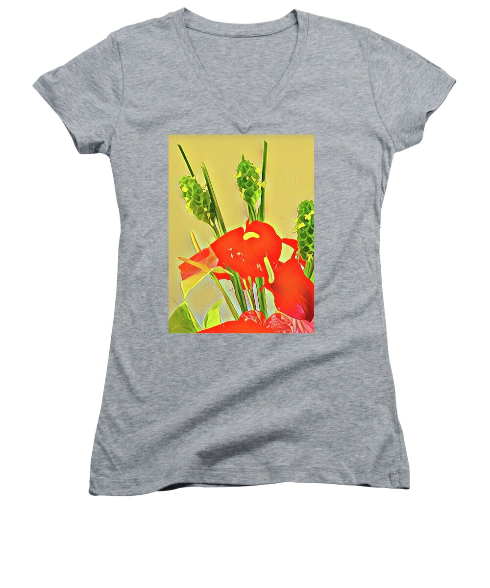 #alohabouquetoftheday #flowersofaloha #anthuriums #redandgreen Women's V-Neck featuring the photograph Aloha Bouquet of the Day -- Red Anthuriums with Green Ginger, a portion by Joalene Young