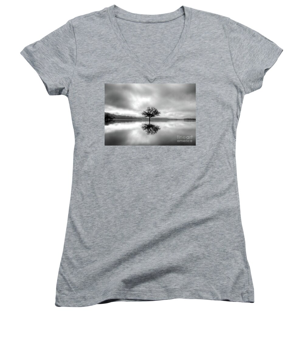 Black Women's V-Neck featuring the photograph Alone BW by Douglas Stucky