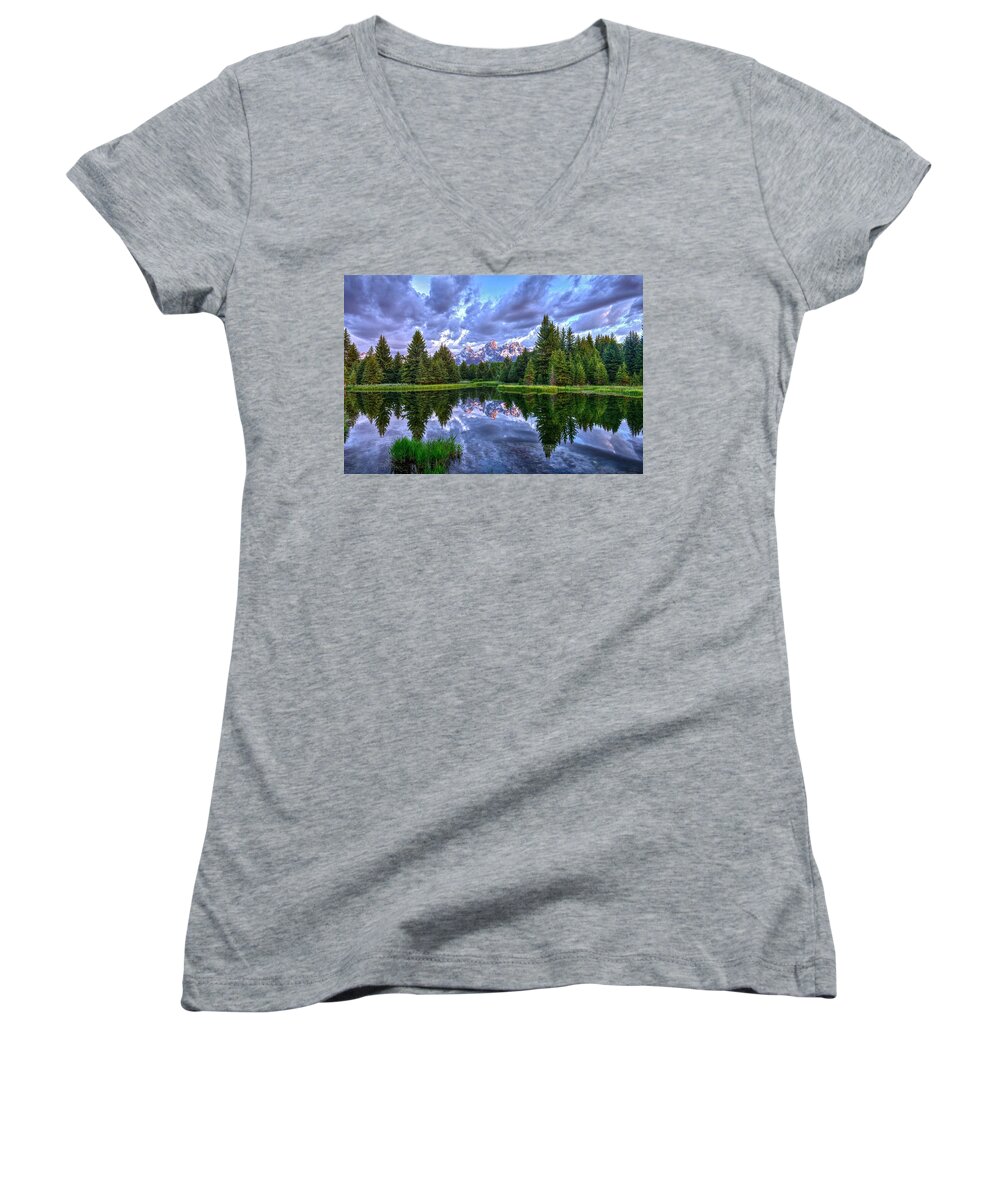 Grand Teton National Park Women's V-Neck featuring the photograph Alpenglow in the Tetons by Don Mercer