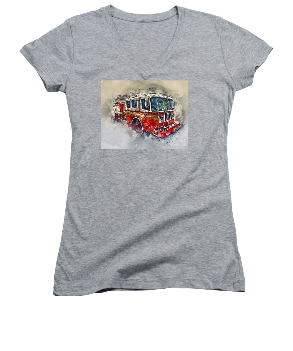 Fire Women's V-Neck featuring the photograph American Fire Truck by Ian Mitchell