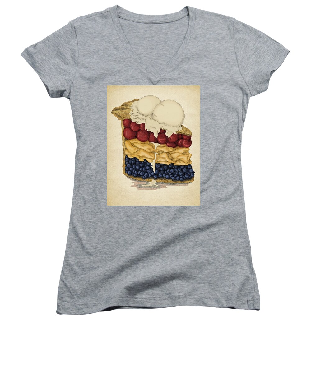 American Pie Cherry Apple Blueberry Food Red White Blue Women's V-Neck featuring the drawing American Pie by Meg Shearer