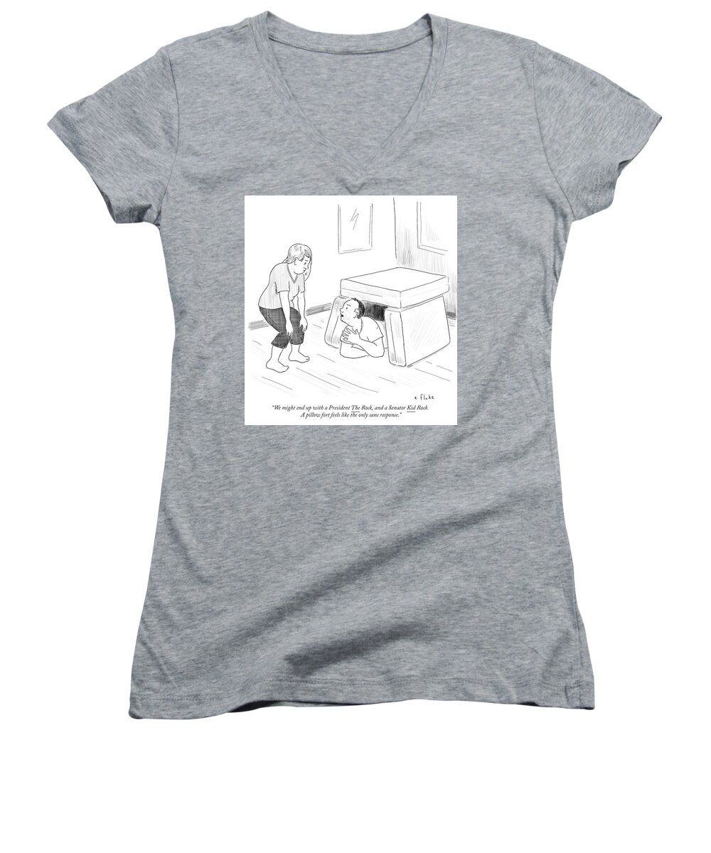 Couple Women's V-Neck featuring the drawing Pillow Fort by Emily Flake