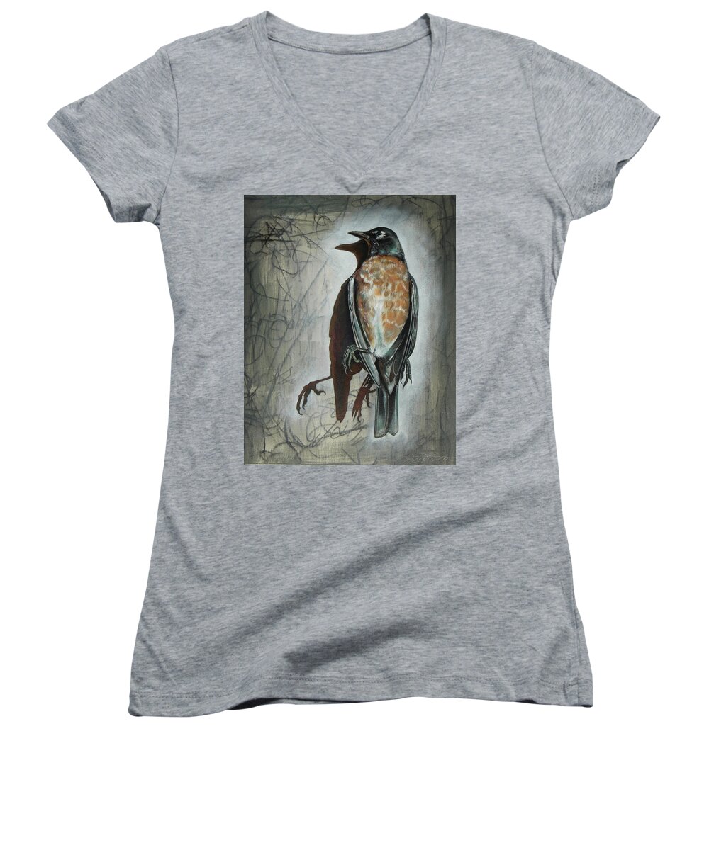 Robin Women's V-Neck featuring the mixed media American Robin by Sheri Howe